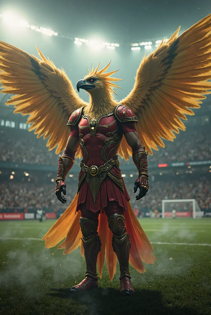 A highly detailed cinematic depiction of a Garuda bird character in a grand football stadium. The Garuda has majestic golden feathers, sharp eyes, and a powerful stance. It wears an intricately designed red battle suit with gold accents, inspired by warrio...