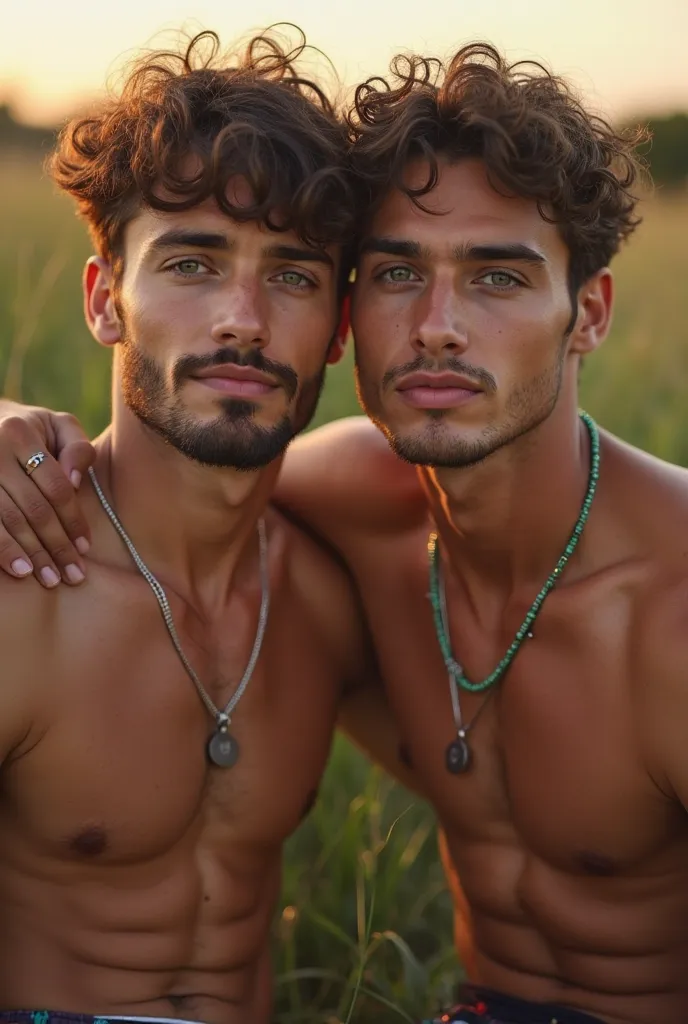 A romantic and intimate portrait of two young men sitting closely together outdoors during golden hour, embracing each other affectionately.

Character 1:
	•	Facial Features: Angular face with a strong jawline and high cheekbones. His nose is slightly shar...