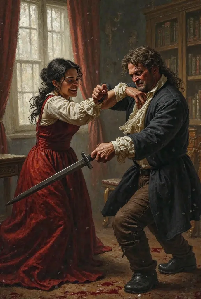 woman stabbing a man in the 1700's bleeding