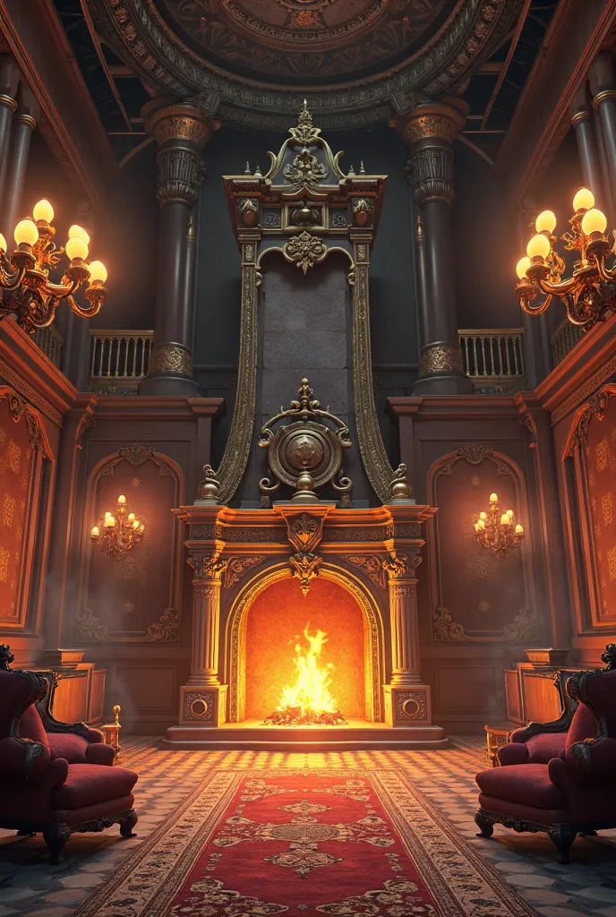 ((best quality)), ((masterpiece)), (detailed), 8k, clear image, realism, realistic, castle, interior, fireplace, front