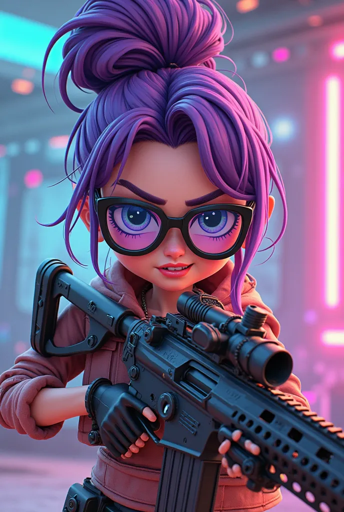 Cartoon image with purple hair Chiquinha in a bun holding an awp with Juliette glasses from Oakley 