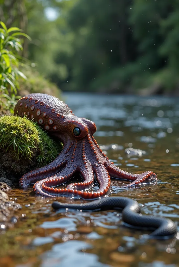 "A highly realistic photo of an octopus and a black snake near the riverbank. The octopus is partially submerged in the water, its tentacles extending onto the shore, showcasing intricate textures and suction cups. The black snake slithers nearby, its slee...