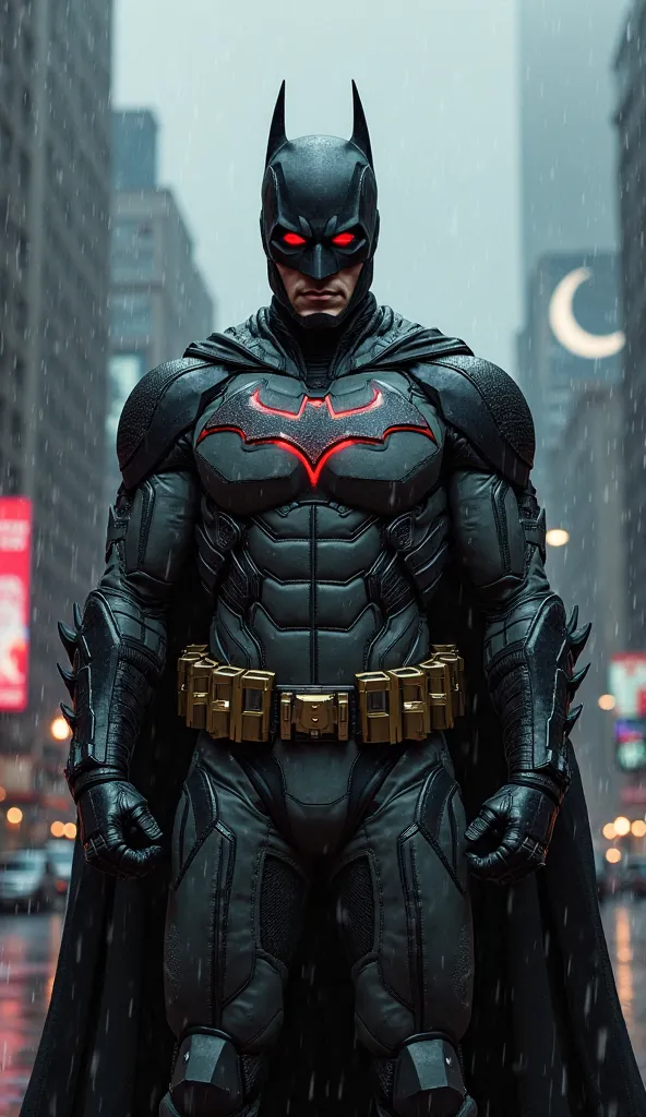 Create a full-body, high-resolution portrait of a character that combines the iconic traits of both Iron Man and Batman, with a strong emphasis on Batman’s dark, tactical design while incorporating Iron Man’s advanced technology. The character stands in th...