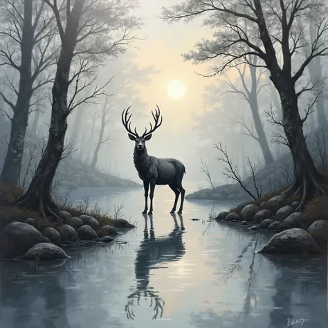 create abstract painting of deer waterbody , trees , 4k resolution, 2d effect , limited grayscale colors , textured , evening scene , imagination powers