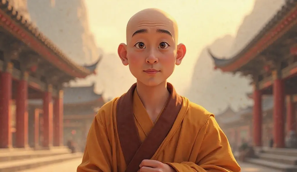 A Chinese Buddhist Gurudev with a clean-shaven face, his expression showing a subtle yet noticeable hint of shock. His smooth, bald head reflects the soft ambient light, emphasizing the wisdom lines on his forehead. His eyes are slightly widened, and his l...