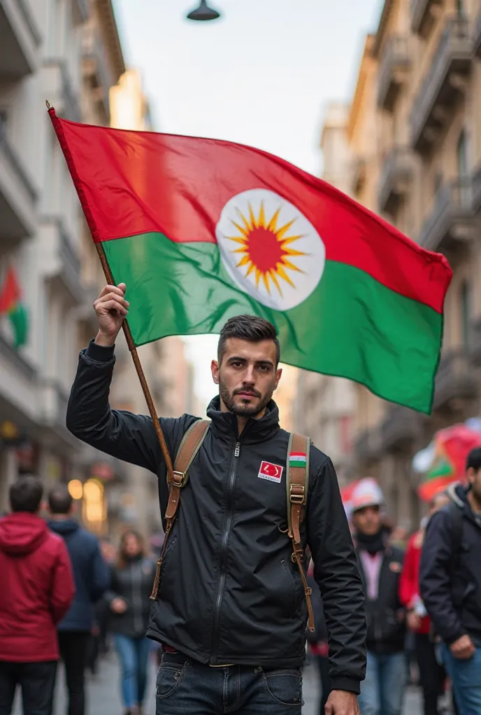 Man holding Kurdistan flag in Istanbul Besiktas