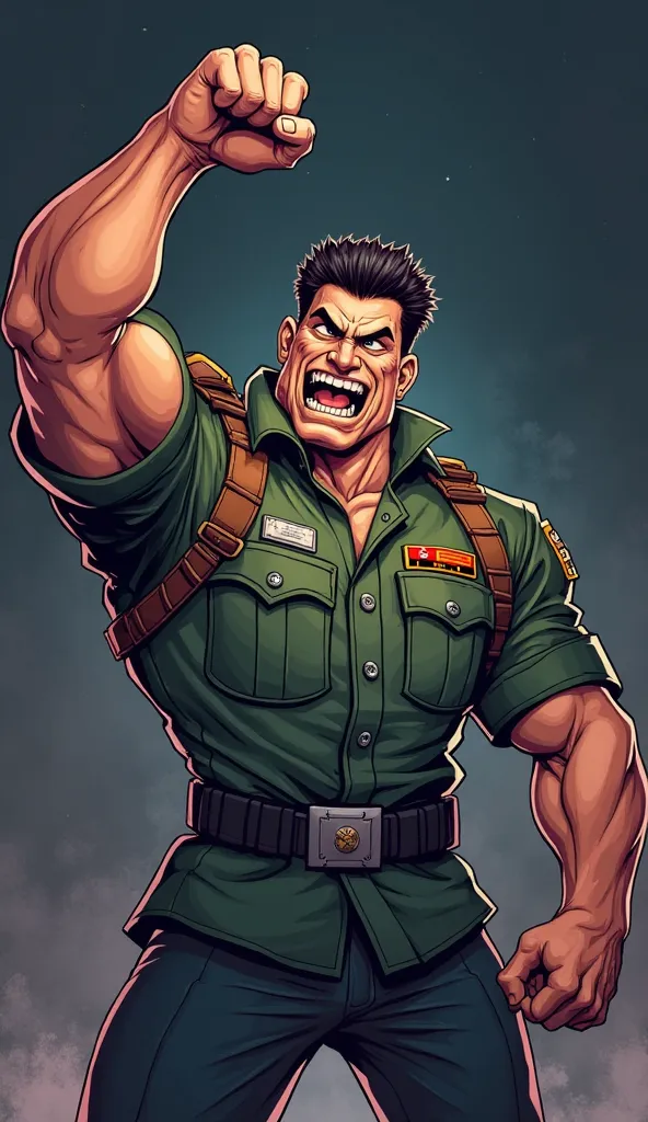 Cartoon, soldier raising his fist with force, He has a lot of anger and evil on his face and his face is ultra detailed