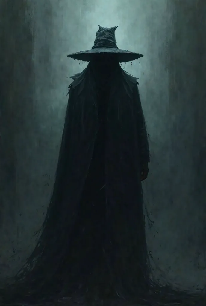 "A tall, shadowy man with a wide-brimmed hat standing in the distance, his face completely obscured by darkness, unsettling presence."