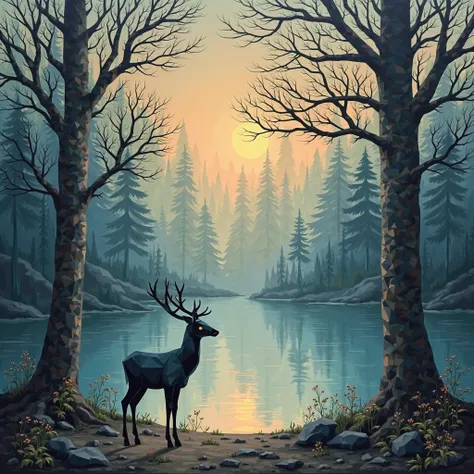 create geometric painting of deer waterbody , trees , 4k resolution, 2d effect , limited  colors , textured , evening scene , imagination powers