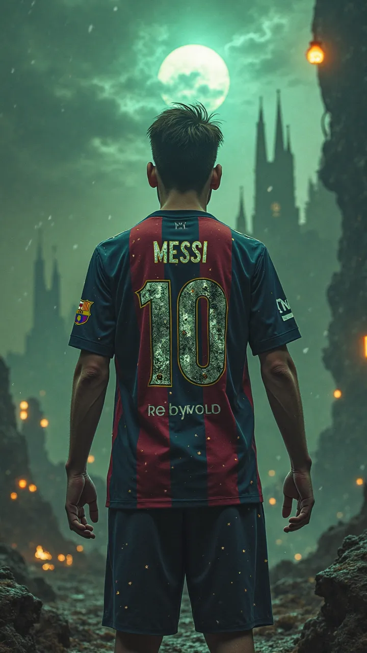 
Prompt:
*"A young Lionel Messi, around 18 years old, wearing his iconic FC Barcelona jersey, stands in various dark fantasy realms, each with a distinct and surreal atmosphere. His jersey adapts seamlessly to each world, taking on unique textures, glowing...