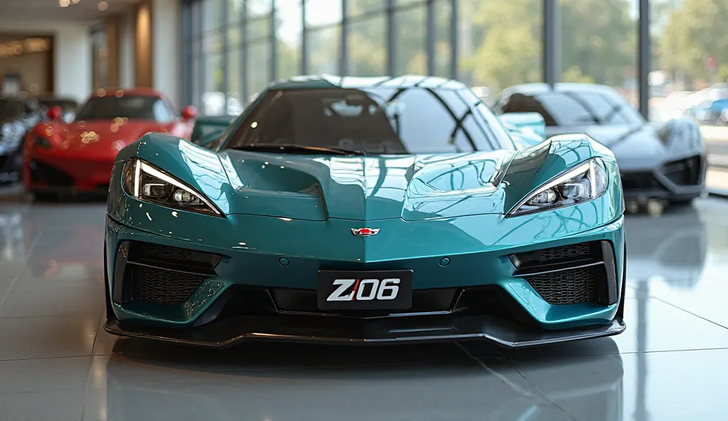 A realistic, high-quality image of a modern sports car seen from the front left right side view, resembling a  1954 Chevrolet Z06d
. The car is oily aqua Red with glossy paint and a sleek, aerodynamic design. It has . The Chevrolet Z06 logo is displayed pr...