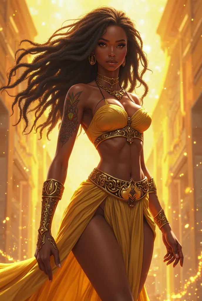 Female, Goddess, Divine, Holy, Brown skin, Dreadlocks, Holy armor, no helmet, gold aura, animated, beautiful face, gorgeous, nice curvy slender body, holy enchantment Axe, Retribution, emotionless face, sexy, nsfw tattoo of DIVN on arm, animated