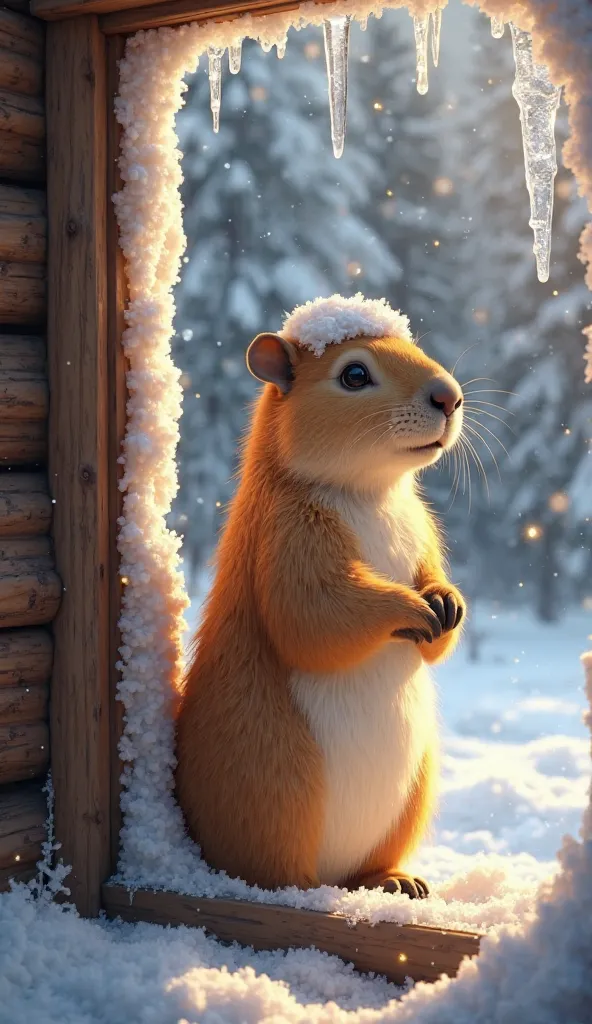 A hyper-realistic winter scene featuring a capybara standing inside a warmly lit wooden cabin, looking out through an open window. The capybara has soft, golden-brown fur with a natural gradient transitioning to a lighter cream shade on its belly. Its smal...