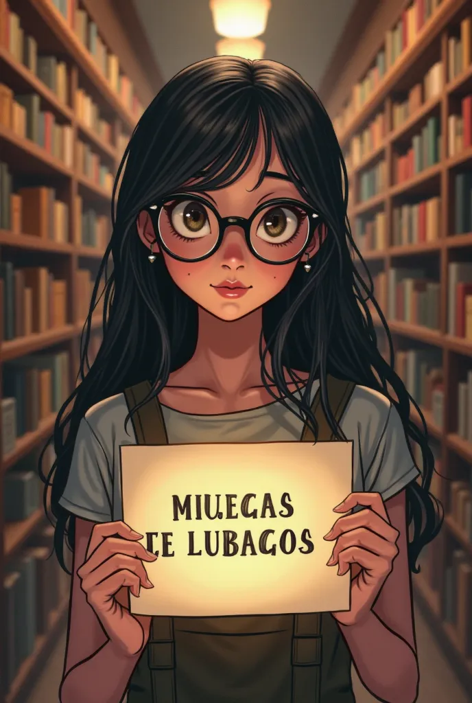 Make a girl with long black hair and glasses with a sign in Spanish that says " It is in the library, Search with the name of the book or author"