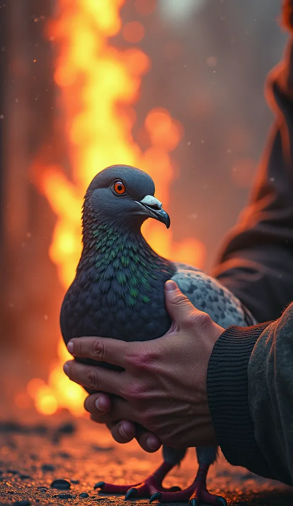 The fire has been extinguished, and the pigeon is now safe. The rescuers carefully hold the pigeon, checking its condition. The exhausted bird closes its eyes while the people around breathe a sigh of relief.
You can use these descriptions for illustration...