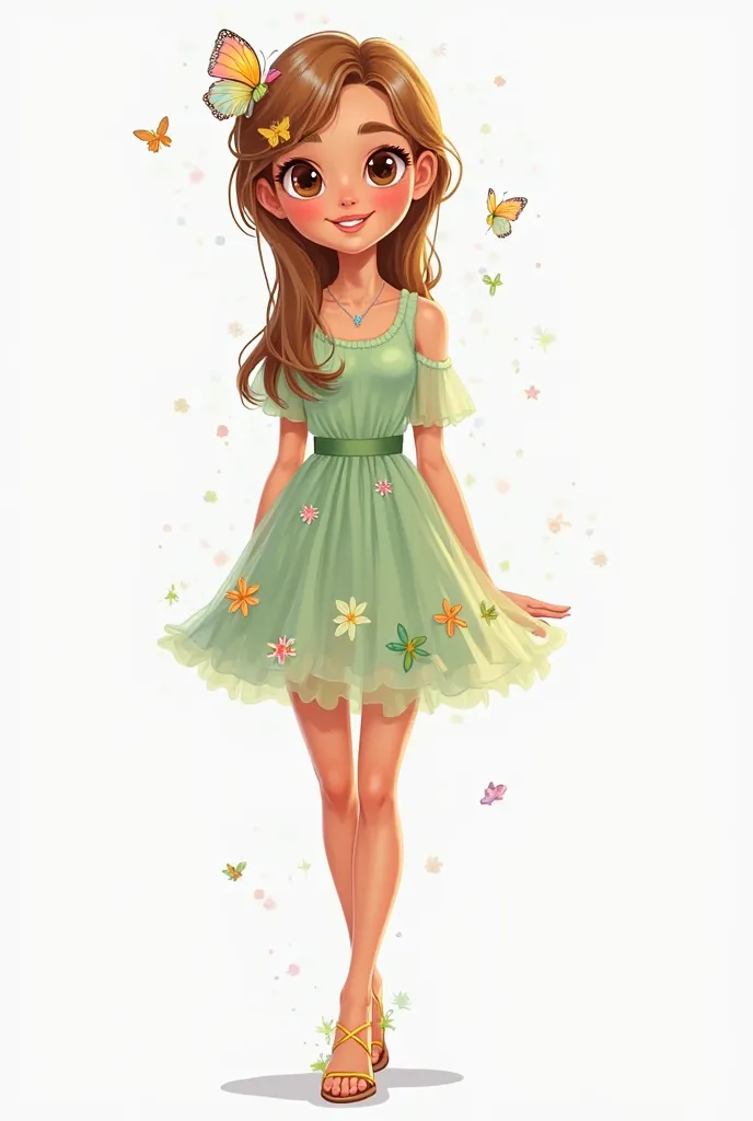 Digital art illustration ,   s with fair skin , smiling , with fringed forehead , smooth light brown hair with some butterflies  , dark brown eyes ,light green dress with sleeve and small, colorful flowers and tulle on the skirt,gold sandal  ,full body ima...