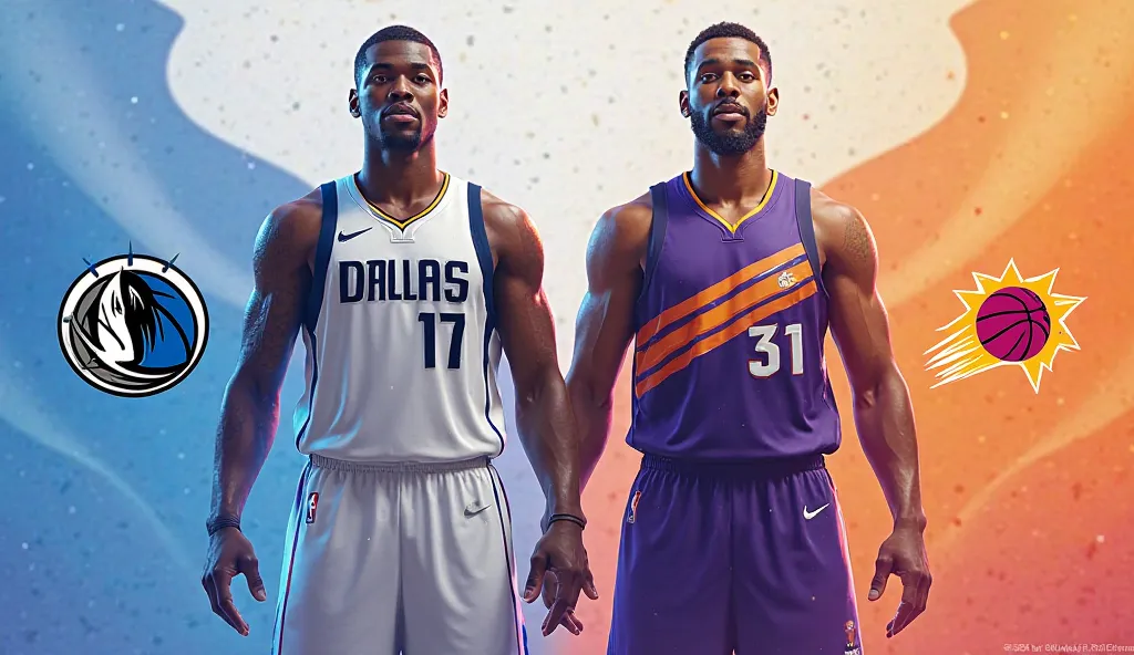 A realistic digital artwork featuring two basketball players representing their respective teams. One player is dressed in a blue and white uniform inspired by the Dallas Mavericks, while the other wears a purple and orange uniform inspired by the Phoenix ...