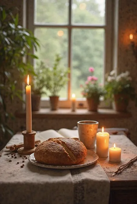 "A serene and contemplative scene symbolizing Lent.  in the center, a simple table with bread and a cup of water,  surrounded by burning candles . In the background,  a window with soft light entering , revealing a tranquil natural landscape,  like green t...