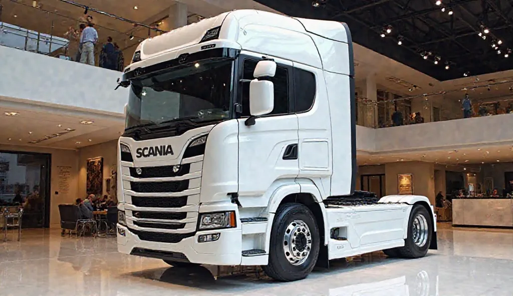 2025 Scania Tractor white tractor back left side view luxury showroom 