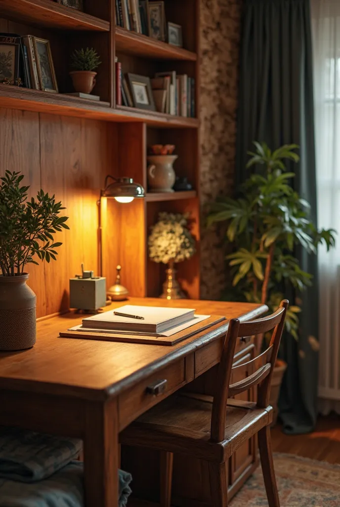 Bureau de travail en bois avec lumière