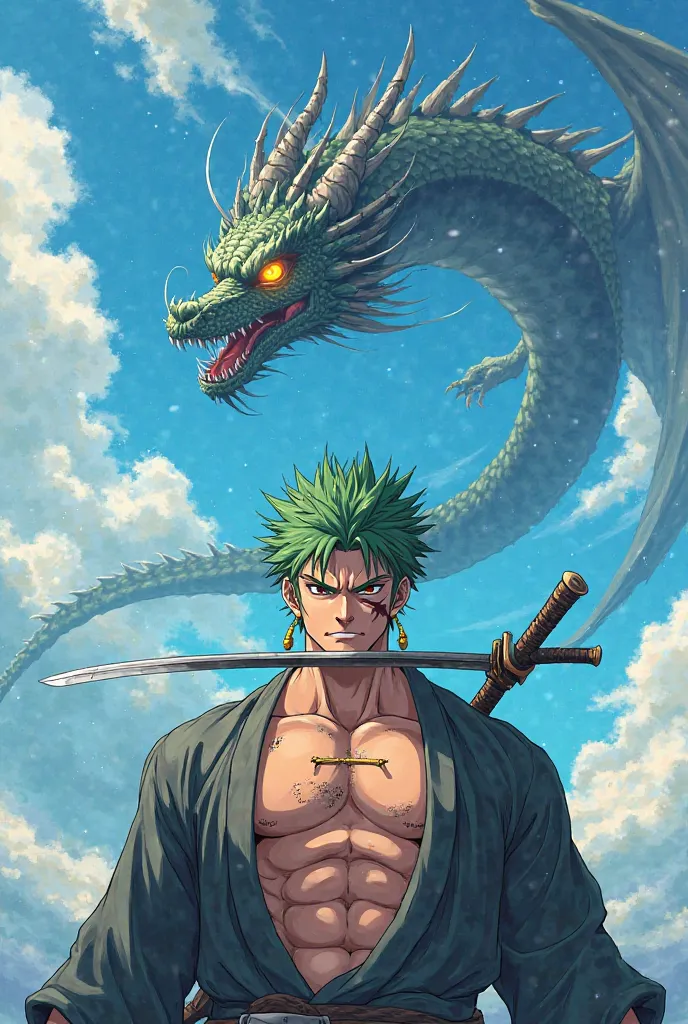 *"A highly detailed anime-style illustration of a powerful swordsman with spiky green hair and a confident smirk. He has a deep scar running over his left eye and holds a katana in his mouth, exuding a fearless and battle-hardened aura. His muscular build ...