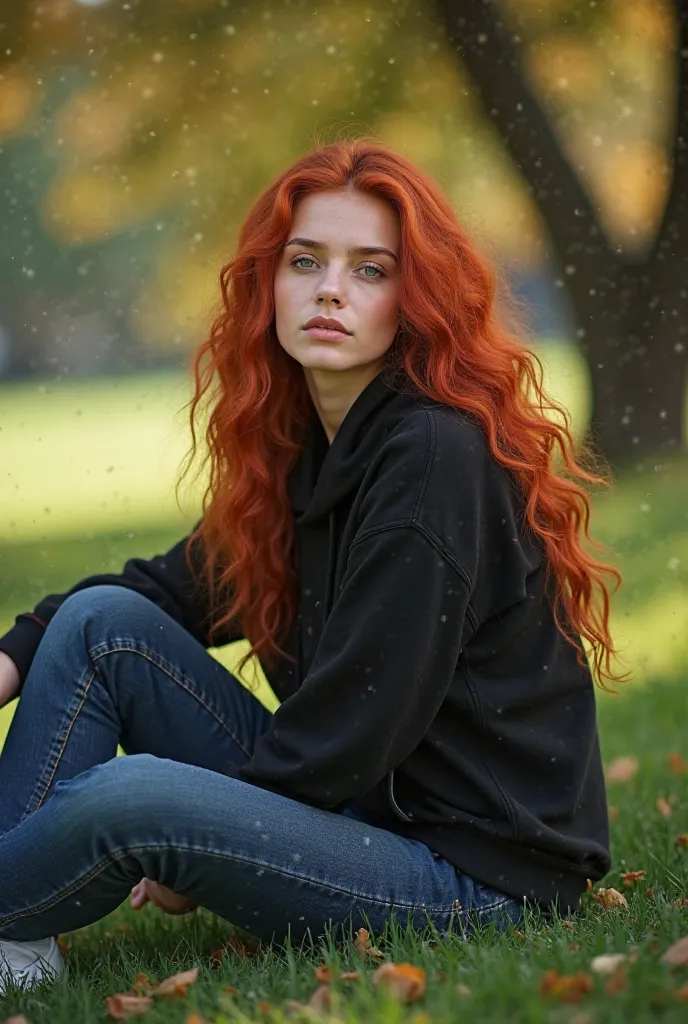 Beautiful redhead girl 25-30 years old with red wavy long hair in a black hoodie and jeans , wearing sneakers , full-length photo Sitting on grass on a tree