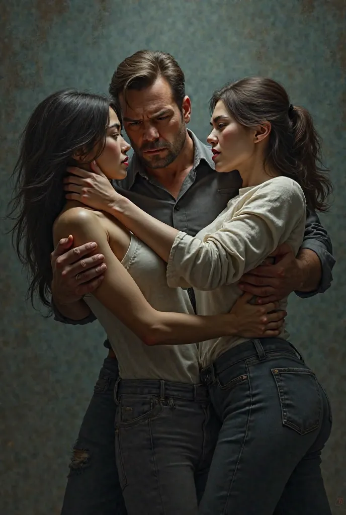 An angry man separates two hugged Asian and Russian brunette girls 