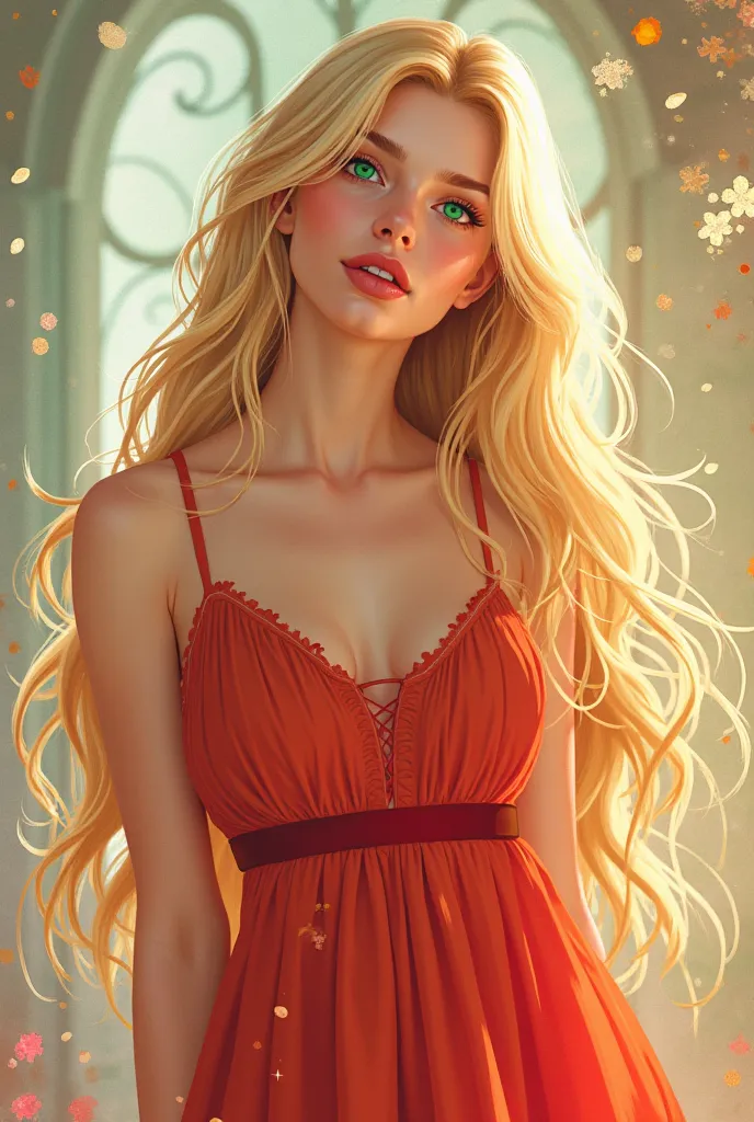 A young woman with long, golden blonde hair and emerald green eyes, wearing a red dress and a calm expression. Webtoon style. 