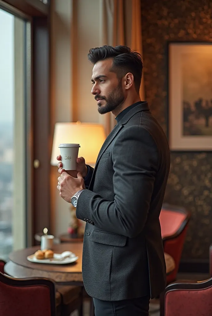 Luxurious Hotel Ambiance – A Young Man Enjoying Coffee"

Description:
Ek handsome 20-22 saal ka jawan hotel ke andar khada hai, apni coffee ka maza le raha hai. Tasveer uski back side se li gayi hai, jisme woh bade glass windows se bahar ka khoobsurat view...