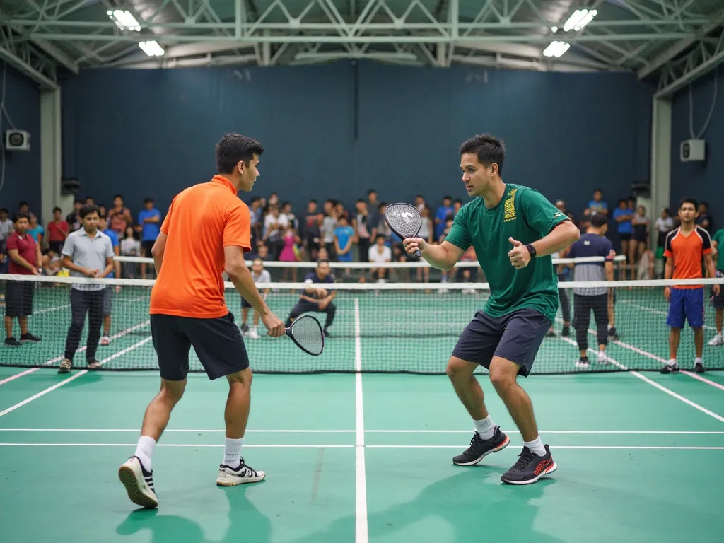 pickleball league, men and mixed doubles, smaller group of audience/spectators, in Malaysia 2025, home team of 2 players and away team of 2 players with different shirts, one half of the court indicating 'Home' and the other half indicating 'Away', clear p...