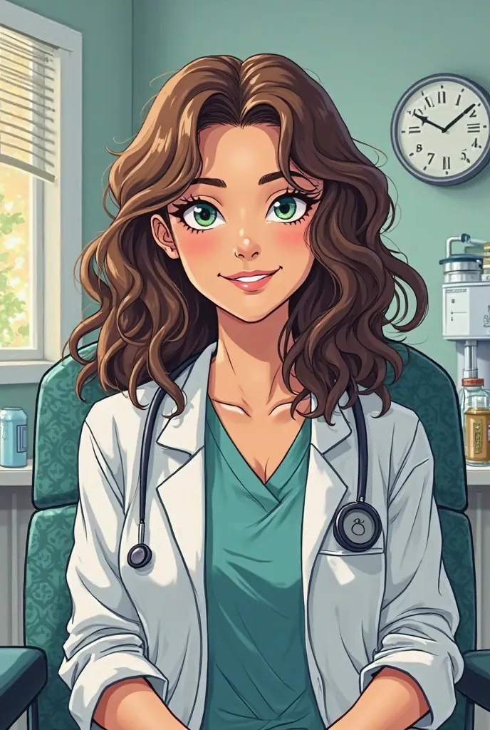 I need a 20-year-old white girl with medium long curly hair, dark green eyes sitting in a doctor's office in a non-vulgar comic book style 