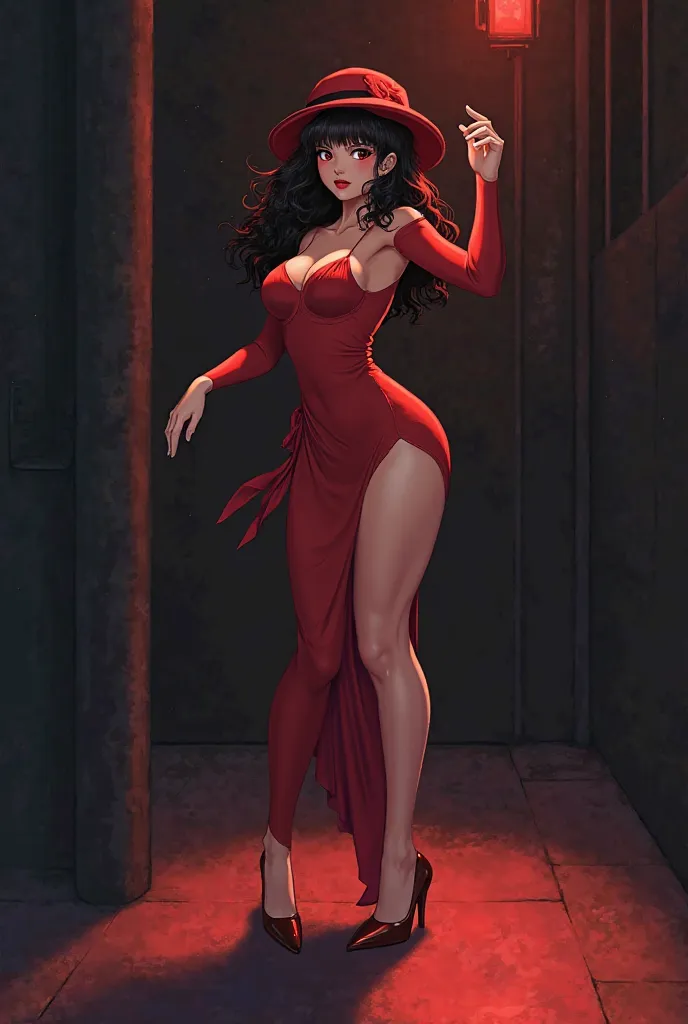 Sensual girl with good makeup dressed in red, heels, tight clothing, dancing in a dark corner anime cartoon style