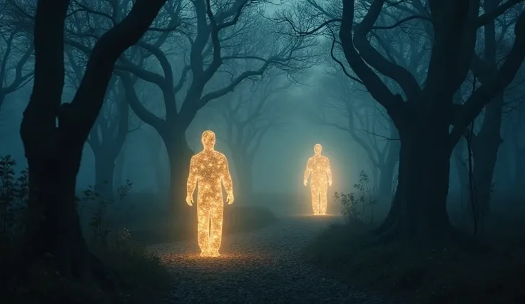 lights shaped like human silhouettes, that radiate a soft luminescent glow that fades as they move through a dense, mist-shrouded forest, gradually dissolving into the dark as they move from left to right, between twisted tree branches and a canopy of twin...