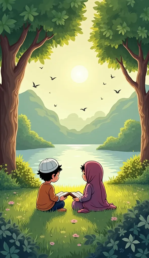 A beautiful natural environment, where a  and a  are sitting side by side on the green grass, reading the Quran. The boy has a white cap on his head, the girl has a hijab, and they are reciting the holy verses of the Quran with deep attention. There are bi...