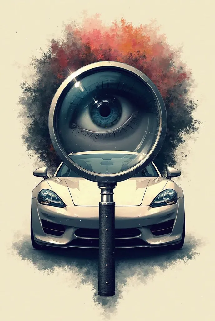 Create a logo with the characteristic of a magnifying glass a beautiful.front car and an eye from behind showing as if it were a discovery. 