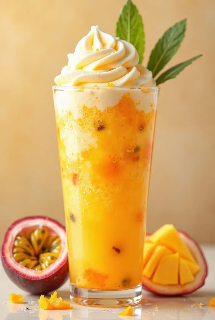 Generate an image of a glass full of mango and passion fruit ice cream, with a texture similar to slushies and pieces of fruit. It should look appetizing and highlight the freshness of the fruit.