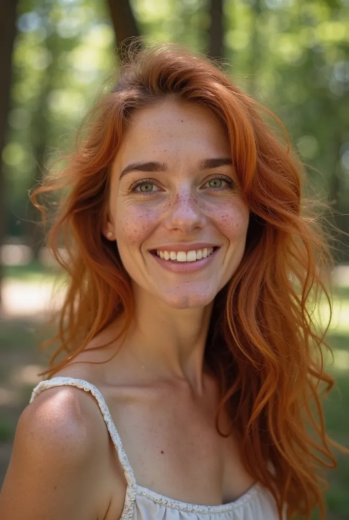  photo of a woman, 38 years old, Textured skin, small wrinkles, freckles on the face, red hair, long slightly curly hair,  kind eyes ,  beautiful smile, looking at the camera, against the background of trees , sunny weather