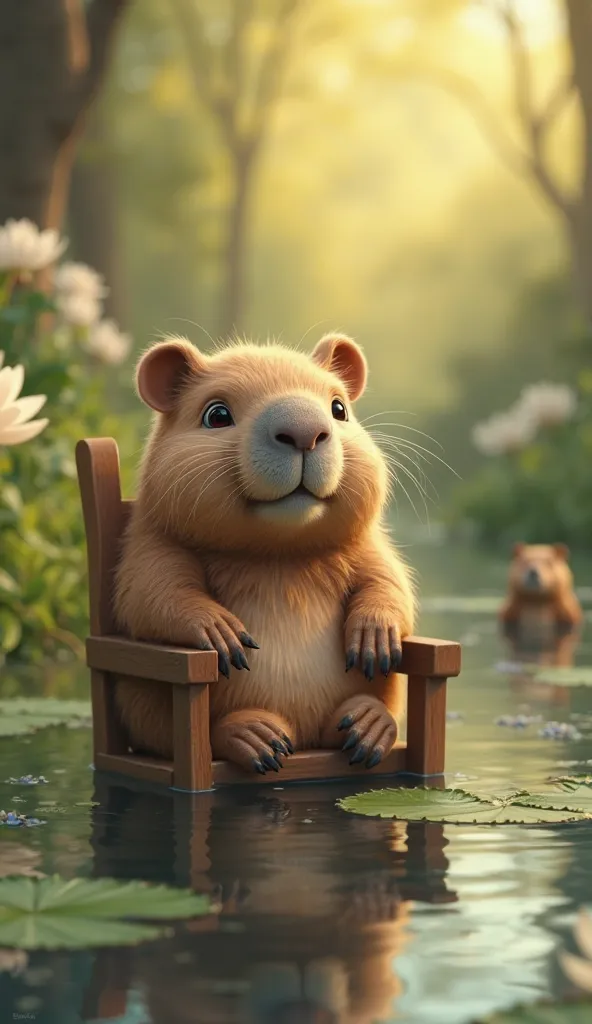 A hyper-realistic digital painting of a chubby capybara sitting on a small wooden chair, partially submerged in a calm pond with gentle ripples. The capybara has soft, well-defined fur, round glossy eyes reflecting the natural light, and small rounded ears...