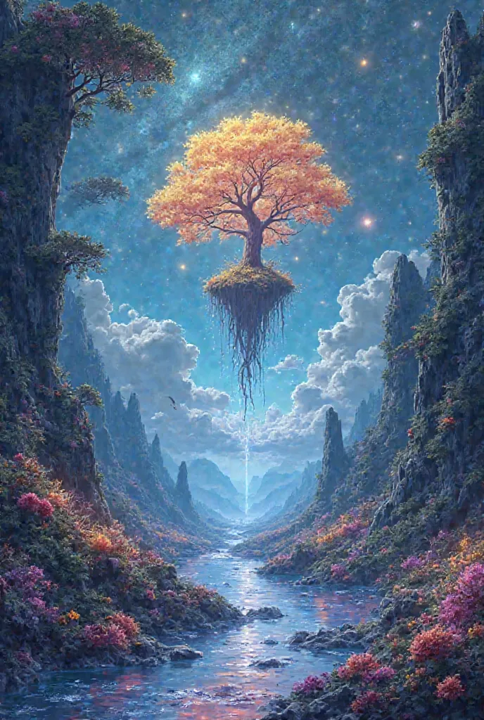 "Imagine a surreal dreamscape where gravity is optional, and the sky is a cascading waterfall of shimmering, liquid starlight. The ground is a mosaic of floating islands, each one a different biome—crystalline forests, neon deserts, and meadows of glowing,...