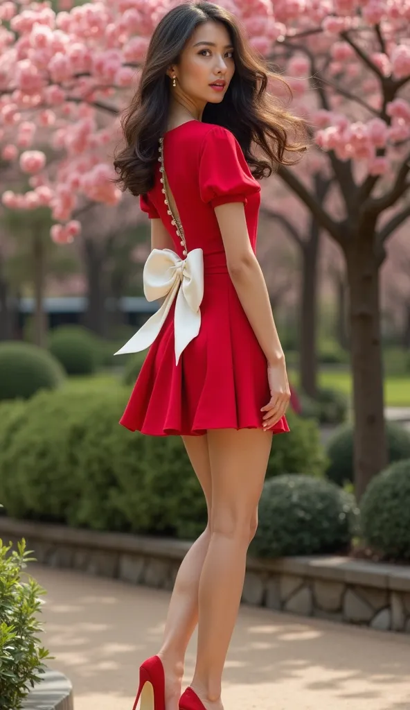 A realistic tall, elegant model stands with confidence, fully displaying her graceful posture and full-body silhouette. She wears a vibrant red mini dress, designed with a structured fit that flares out slightly at the hem, emphasizing her long, sculpted l...