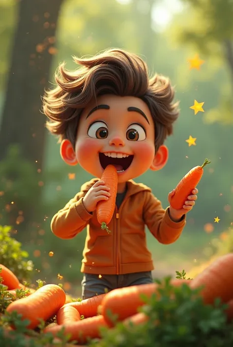 The  takes a bite of a carrot, and suddenly, they grow stronger, jumping with excitement and a big smile. Sparkles surround them realastic image