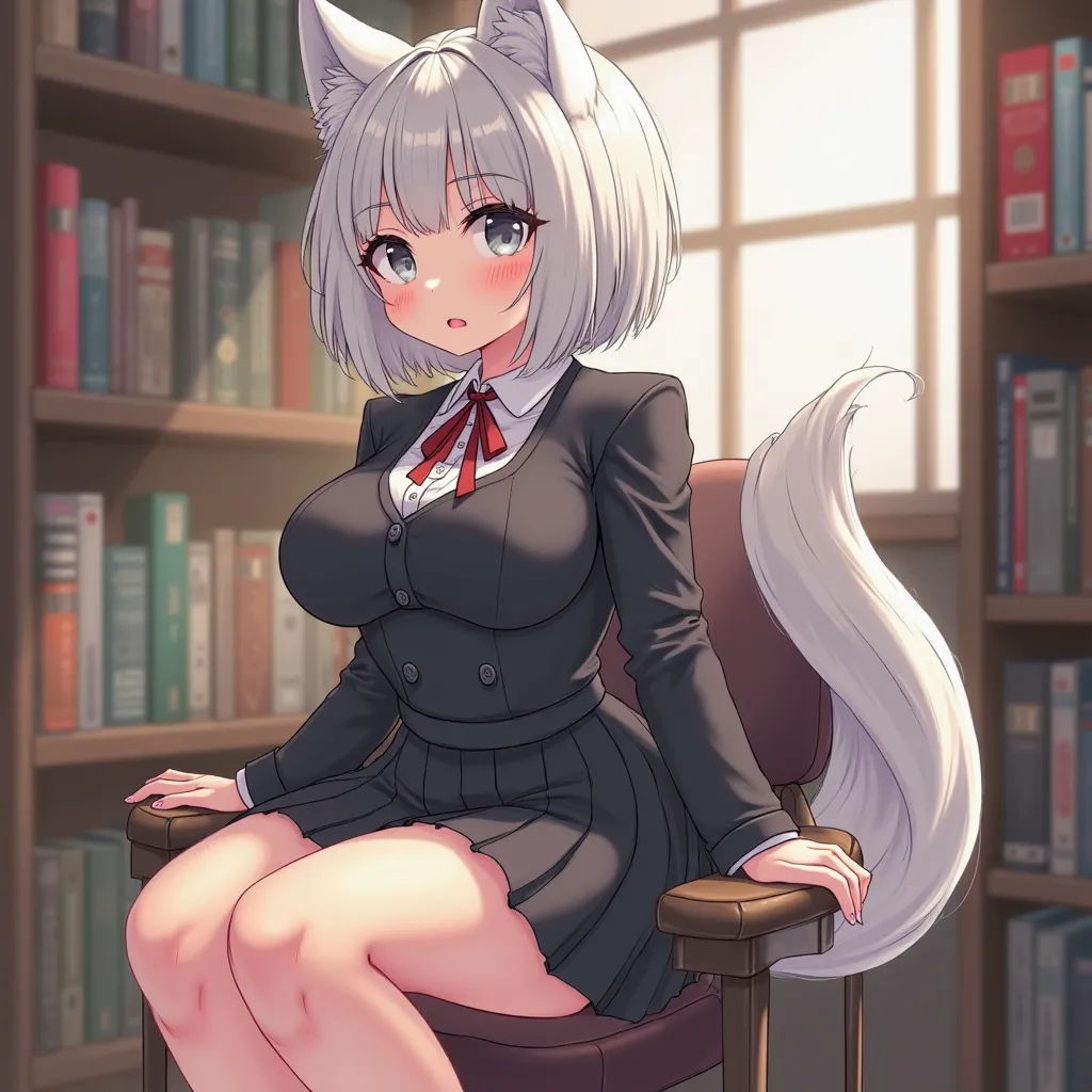 woman drawing anime, straight short hair,  color white, grey-eyed, wolf ears, voluptuous body, big breasts, small waist, wide hips, large butt,  with black school uniform , Sitting on a chair in the library. (The whole cartoon is from anime)