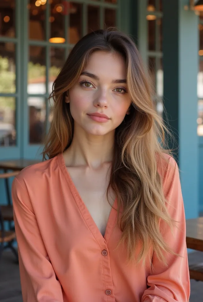 > A young woman with long hair in shades of light brown with golden reflections, delicate oval-shaped face, clear and soft skin. Her dark brown eyes convey a warm look and her eyebrows are well designed. She wears a coral blouse made of light fabric with a...