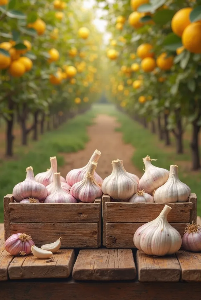 Generate a highly detailed, 4K resolution, realistic image of garlic heads and cloves arranged neatly in rustic wooden crates, placed on a simple wooden table. In the background, depict a vibrant lemon grove under soft natural lighting, with a focus on the...