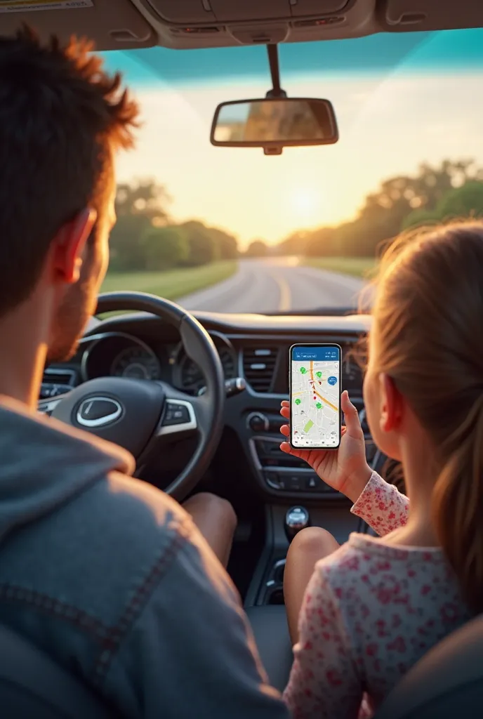  Make an image of a girl with her cell phone from Google Maps helping her father to reach her destination: her as a copilot and her father as a driver 