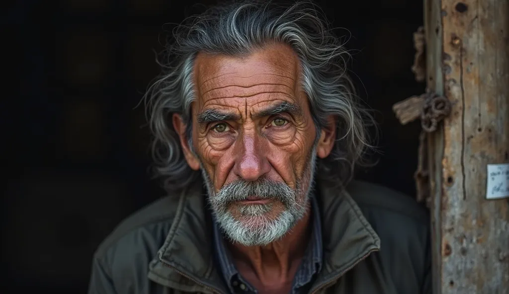 homeless man 45 years old Long face,  sharp features : High forehead, straight nose,  shoes thin lips . sunken cheeks , later a little fuller.  dark eyes , deep, with a cold look. hair is dark, with gray hair, first long and uncombed,  portrait, ugly,  my ...