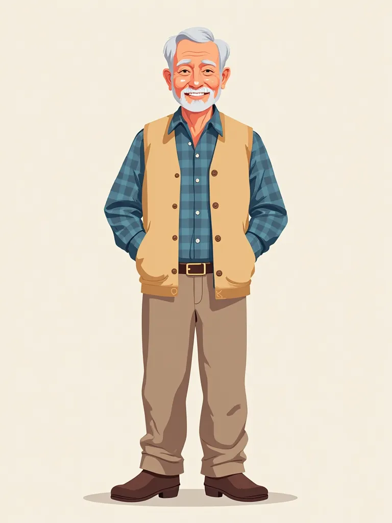 A full-body, flat-style vector illustration of an elderly man with short silver hair and a warm, friendly smile. He is wearing a traditional beige vest over a checkered blue shirt, paired with comfortable, loose-fitting pants and simple shoes. The characte...