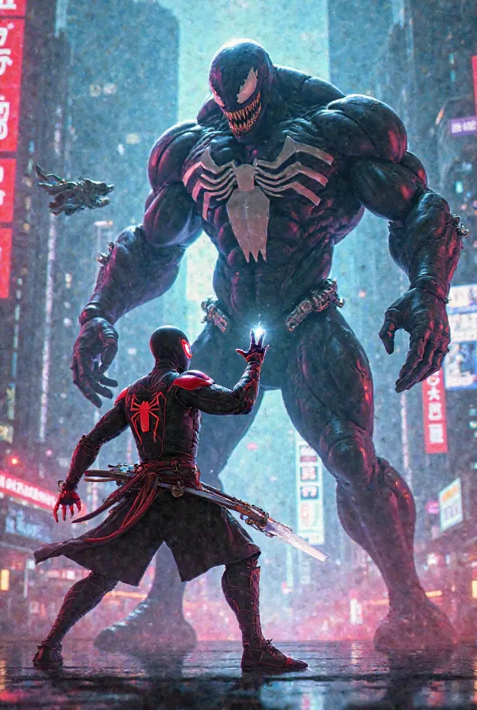 Spider-Man with the Samurai suits fighting Venom in the future in Miami