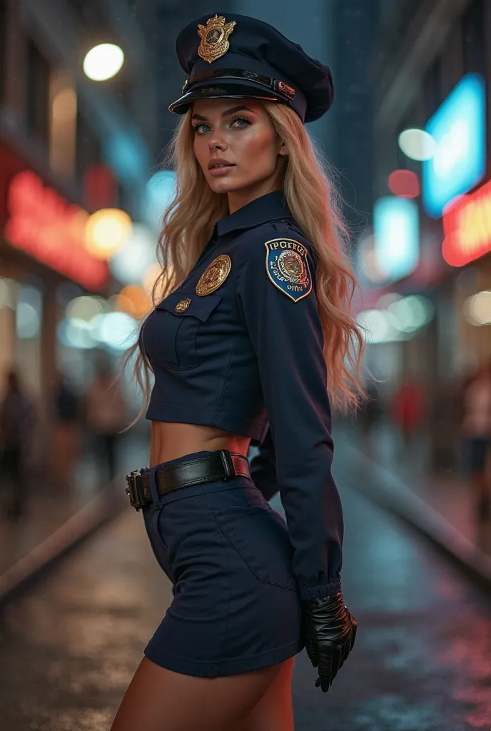 1 female, american beauty, super beautiful, facial beauty, blue eyes, standing, new york police uniform, mini skirt, golden hair, night street, backlihigh quality, photorealistic, detailed, intricate, hyper realistic, extremely detailed, masterpiece, 8k, u...