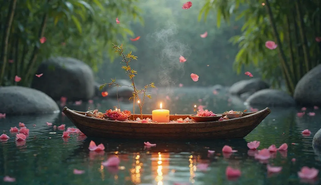 "} A small and elegant wooden boat floating on a serene river surrounded by nature luxuriant. In the boat there are burning candles, incense sticks giving off a delicate smoke and small bowls with decorative elements. Pink flower petals float in the air,  ...